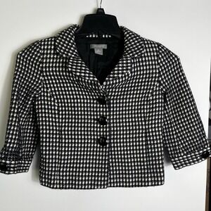 Ann Taylor Petites 0P Black White Wool Blend Cropped Jacket 3/4 Sleeve‎ Vtg-Mod